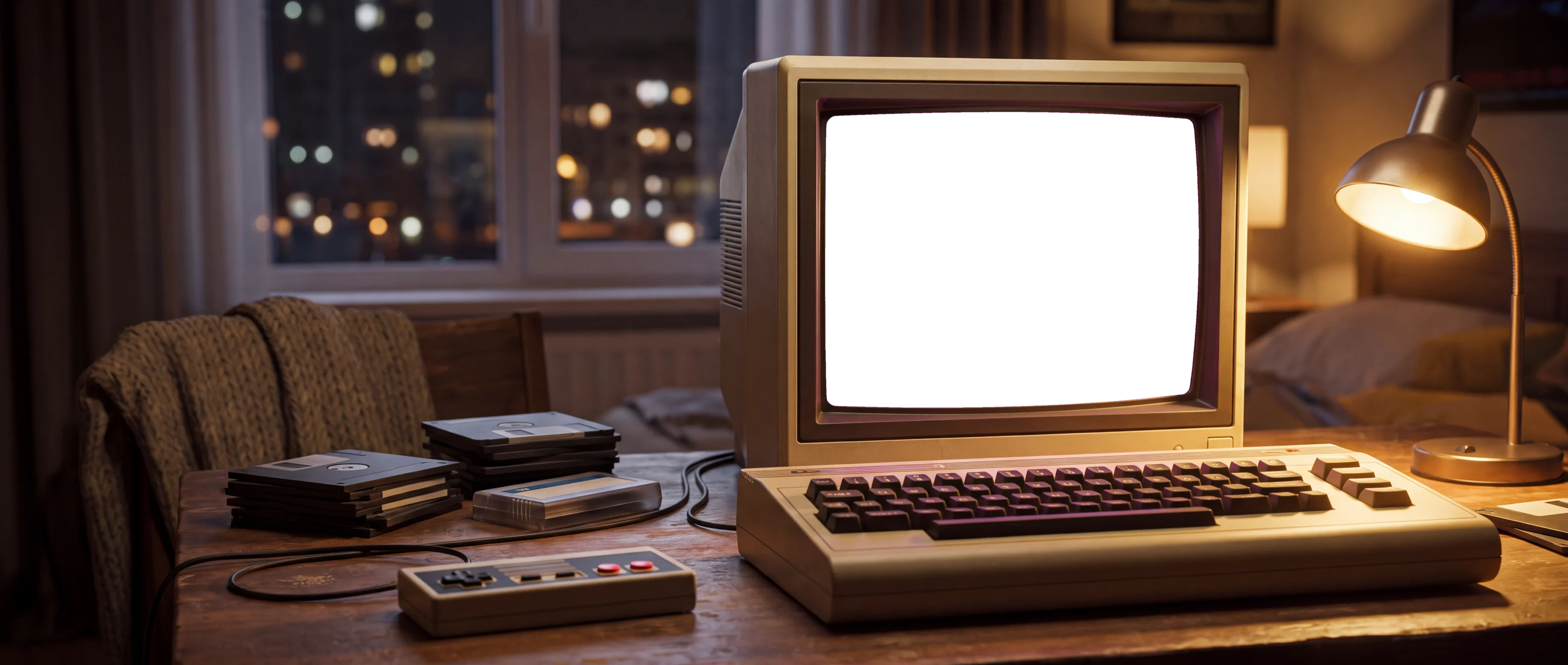 An old computer on Katsu's desk, with the game on its screen